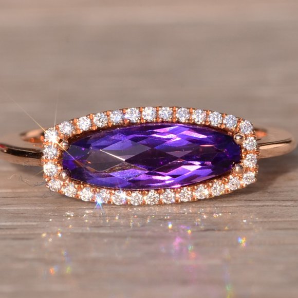 Contemporary Checkerboard Cut Elongated Amethyst and Natural Diamond Halo Ring i